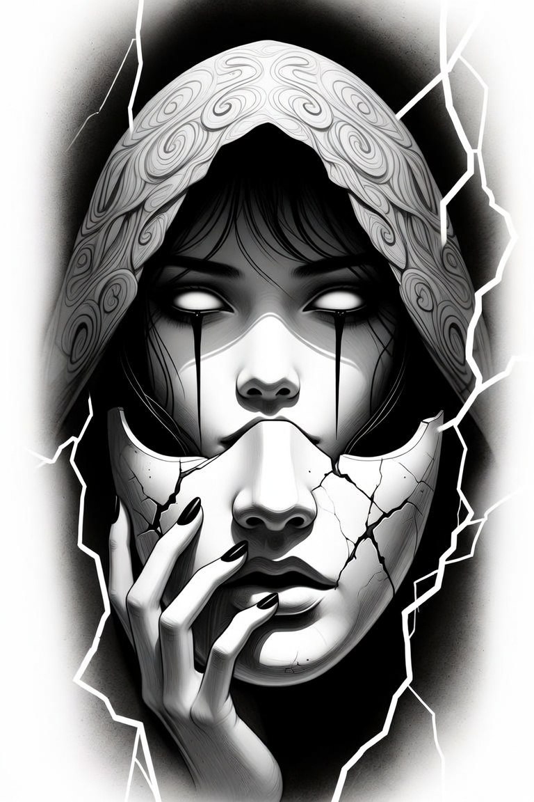 Hooded woman with cracked porcelain mask — black and grey sleeve design