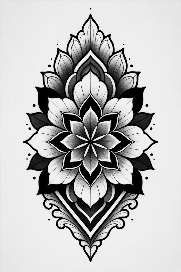 Mandala Diamond III — black and grey flash design