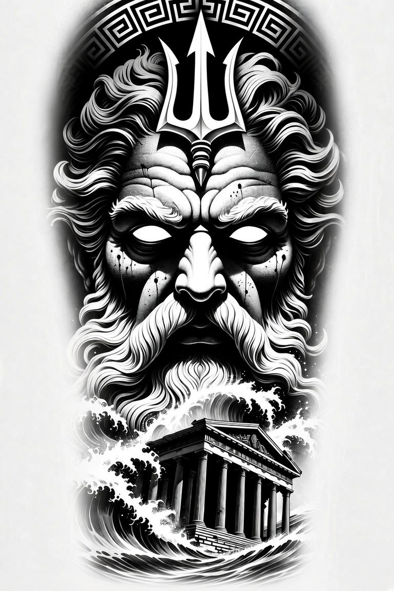 Poseidon wrathful portrait with temple and waves — black and grey sleeve design