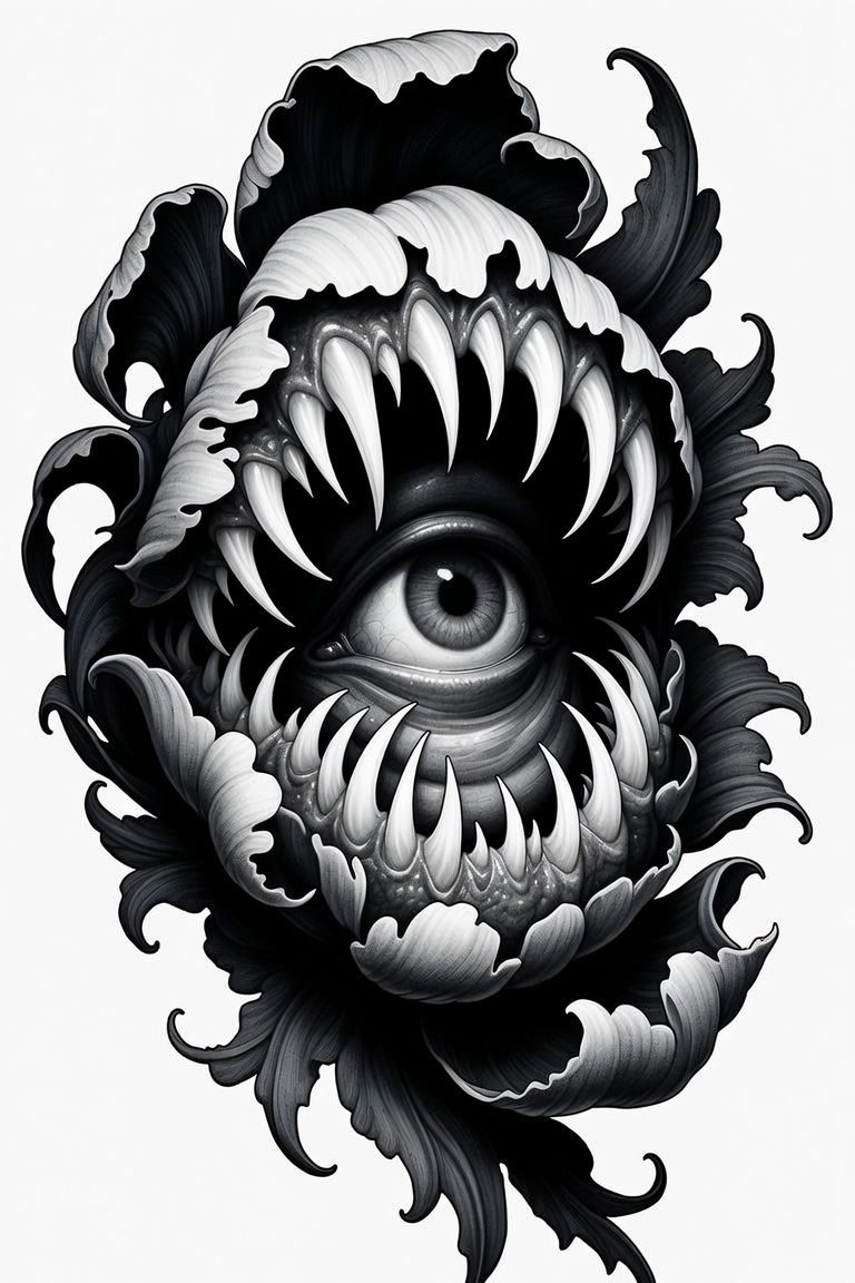 Eye within a fanged maw — black and grey sleeve design