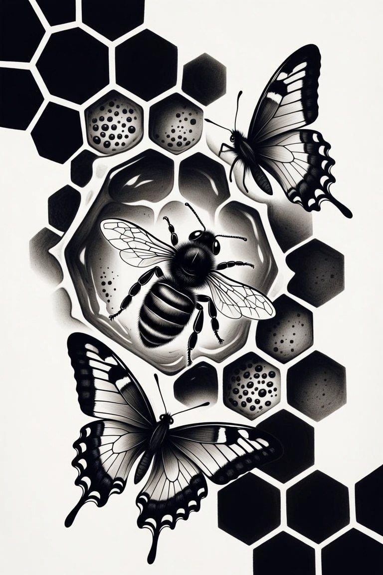 Bee and butterflies over honeycomb — black and grey sleeve design